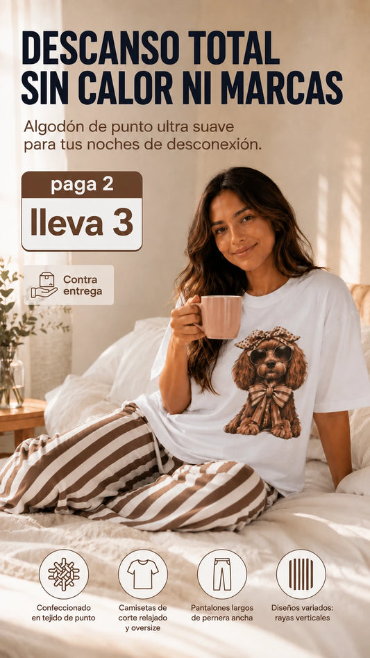 Conjunto de Pijama para Mujer con Gráfico de Perro y Pantalón a Rayas + Conjunto de Pijama Coffee & Sunshine + Conjunto de Pijama Summer Vibes con Camiseta Oversize y Pantalones de Lunares + Conjunto de Pijama de Dos Piezas con Estampado de Rayas y